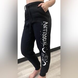 Antisocial witchy cat large black fleece sweatpants unisex xl L spooky pants